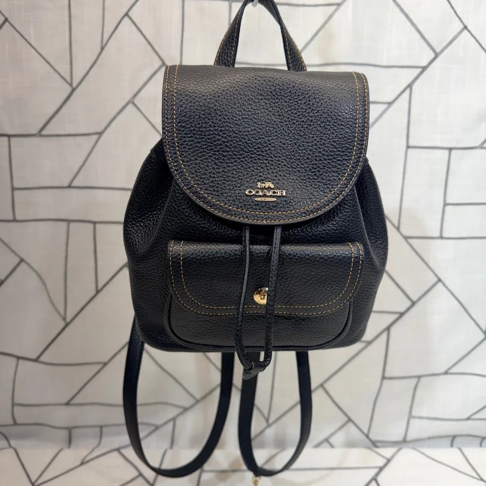 Coach Mini Backpack Small Black Pebbled Leather C4121 Drawstring Gold Hardware